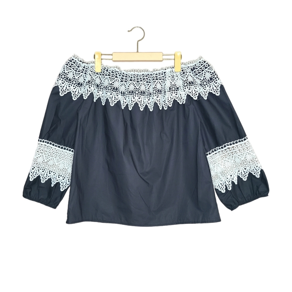 NWT Montan Paris Navy Blue Off the Shoulder Crochet Lace Blouse
